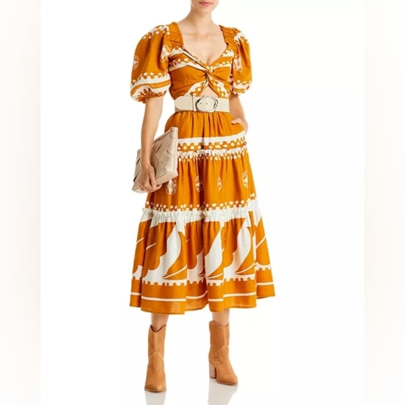 Sea New York Orange Linen Blend Tie Front Midi Dress Pockets Size 4 - Picture 2 of 9